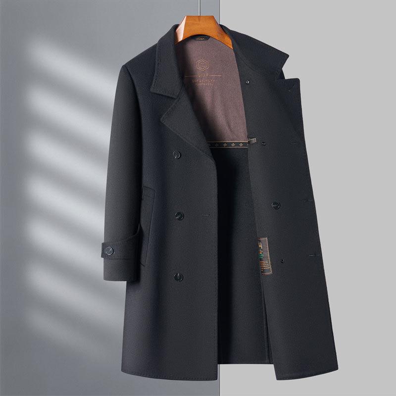 High-end Men's Woolen Coat Double-breasted Fashionable Woolen Windbreaker Long Middle-aged Casual Suit Jacket for Men