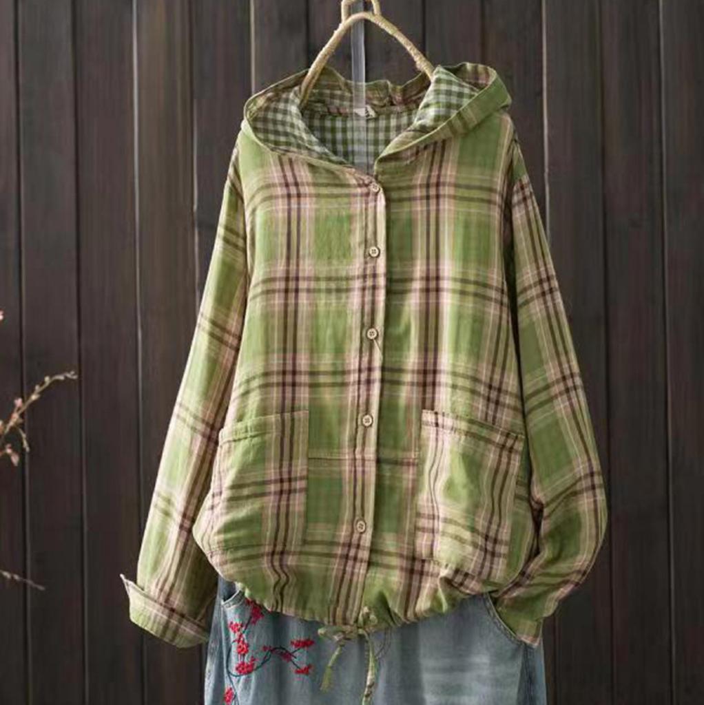 Women's Hooded Plaid Shirt Retro Casual Cardigan Jacket