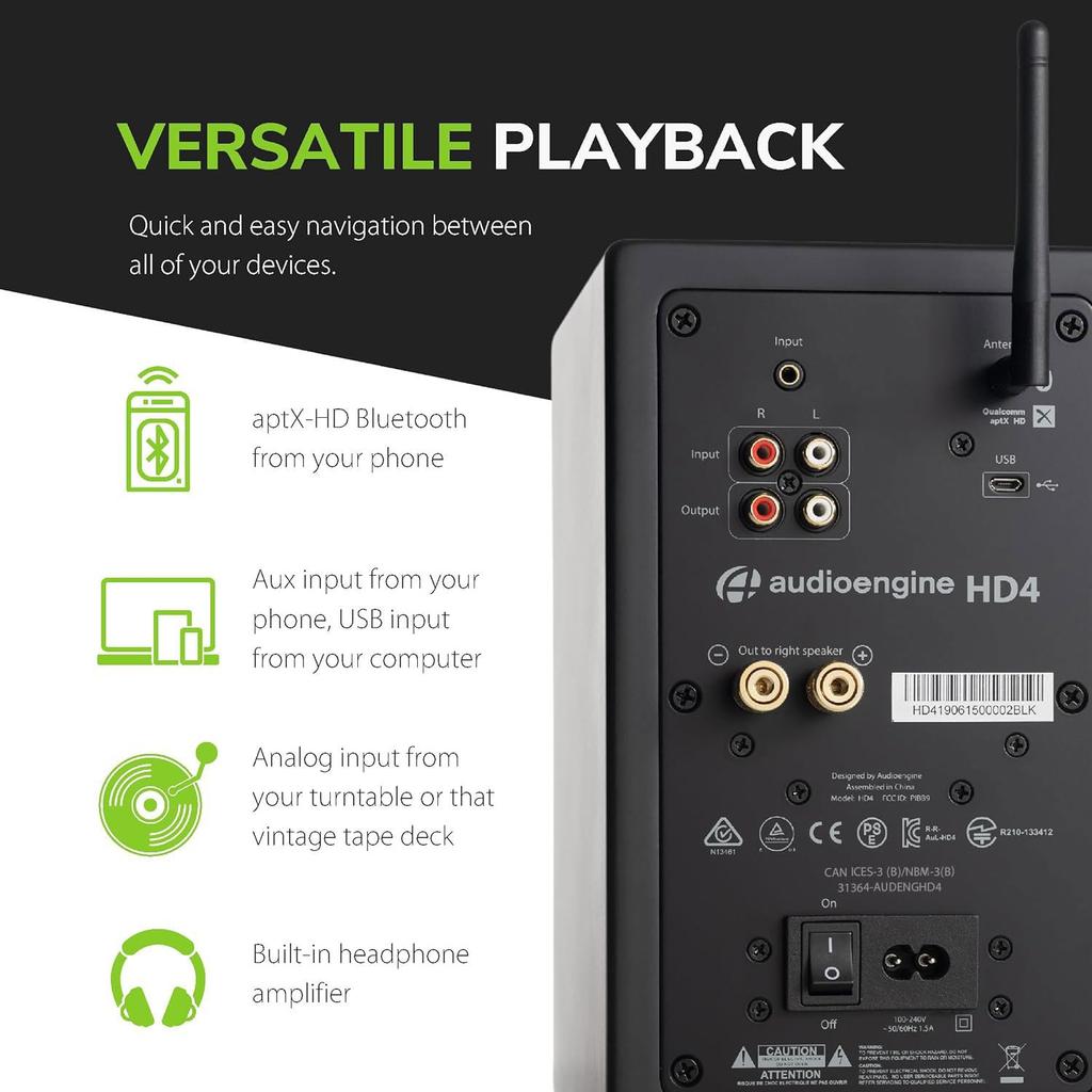 Беспроводная колонка HD4 с питанием l Bluetooth aptX HD ЦАП-усилитель l AUX USB подключение сабвуфера черный []Совместимая с Audioengine, встроенная проводная/беспроводная