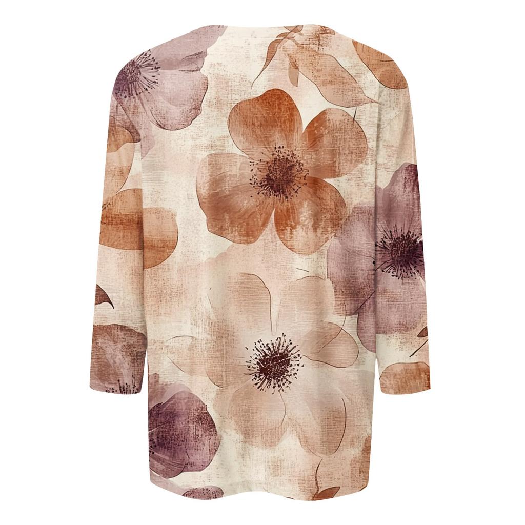 Женские топы, рубашка с рукавом три четверти, свободная повседневная рубашка с V-образным вырезом, футболка с цветочным принтом