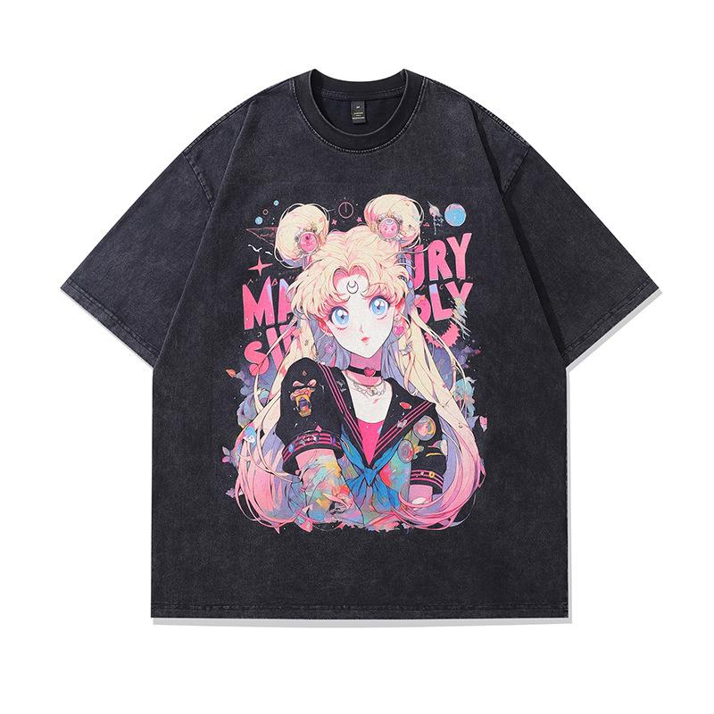 New Sailor Moon Anime Printed Tshirt Mens and Womens Washed Tshirt High Quality Vintage Cotton Tshirt Harajuku YK Tops