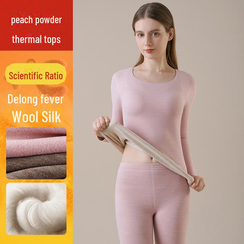 Женское термобелье из кашемира: Плюс бархатный, плотный бесшовный топ с круглым вырезом на осень/зиму.