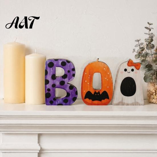 Playful Halloween Desktop Decorations Wooden BOO Ornaments, Lettering Decorations, Rustic Bat Pumpkin Ghost Small Ornaments for Windowsills