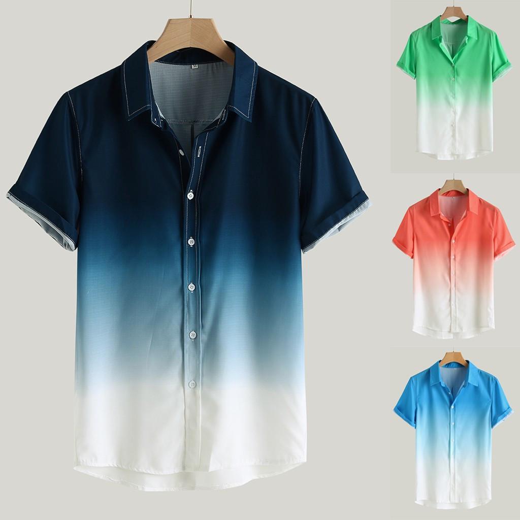 Men's Loose Blouse Breathable Short Sleeve Turn-Down Collar Gradient Shirt