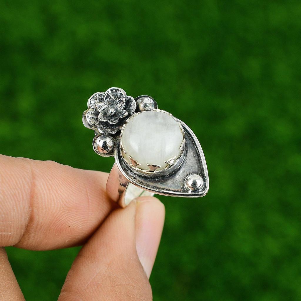 925 Silver Natural Rainbow Moonstone Statement Flower Adjustable Ring