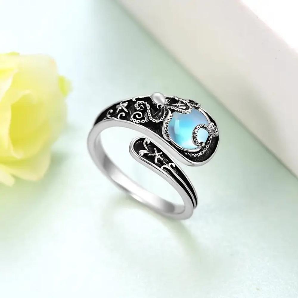 Open Ring Hawaiian Octopus Moonstone Adjustable Vintage Silver Womens Boho Jewelry