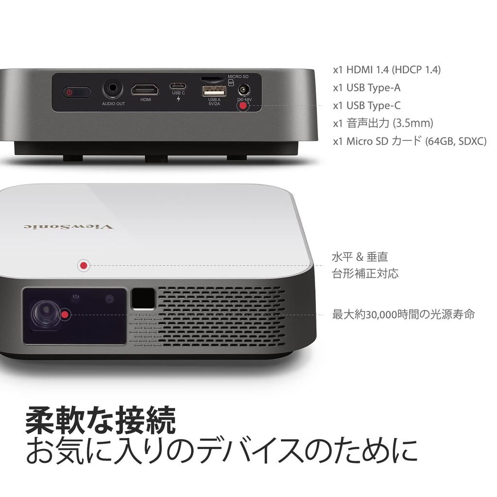 Светодиодный мобильный проектор ViewSonic M2e HD 1080P 400 ANSI люменов Автоматическая фокусировка Технология DLP Автоматическая коррекция трапецеидальных искажений Автоматическая настройка Динамик Harman Kardon 100