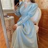 Elegant Women Blue Dress Vintage French Style Puff Sleeve Half High Collar Patchwork Lace Retro Princess Dresses Vestido Festa