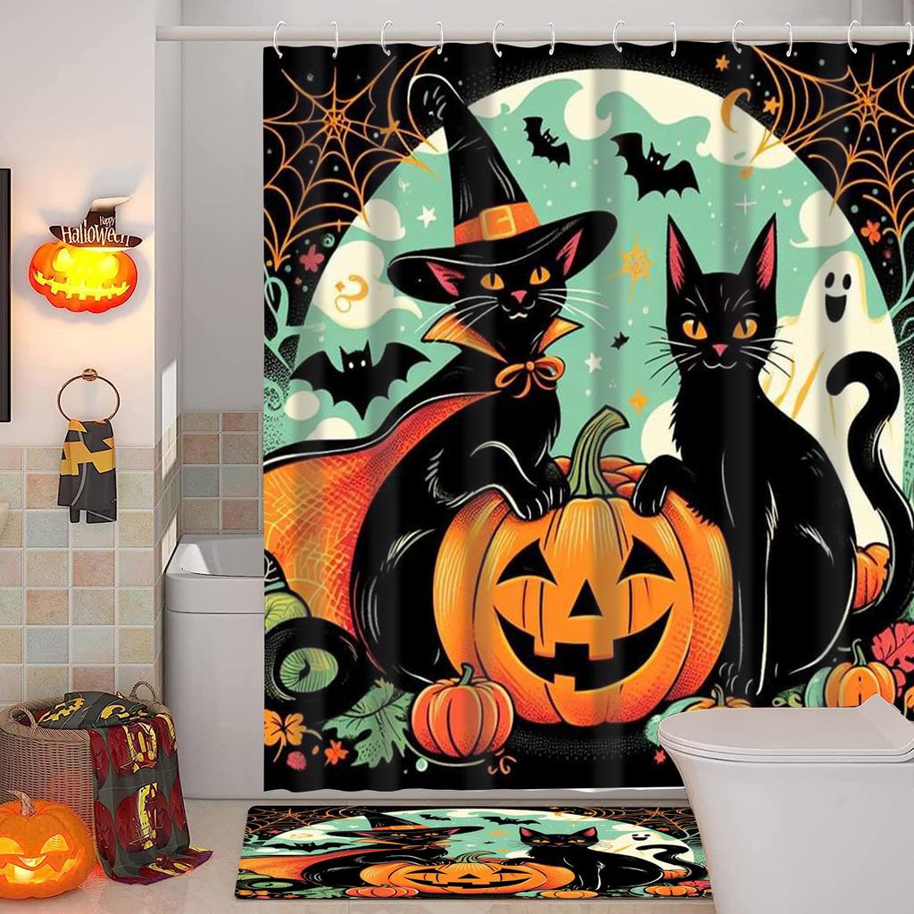 Halloween Cats Pattern Bathroom Shower Curtain With 12  Hooks Home Bathroom Decor And Accessories