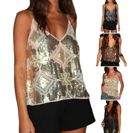 Женский летний жилет с V-образным вырезом, без рукавов, сетчатый, блестящий, с открытой спиной, с пайетками и кружевом, топ свободного кроя, майка на бретелях с бисером