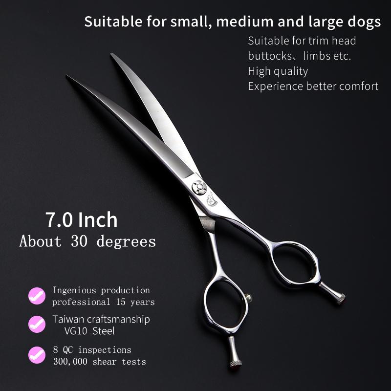 Crane Professional Pet Dog Curved Animal Grooming Scissors High Quality Lightweight Shears Symetrical Handle 7.0 Inch 30° Bend