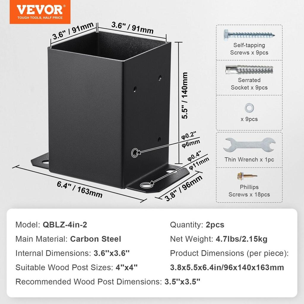 4x4 Post Base 2 Pcs, Inner Size 3.6"x3.6" Post Base Brackets, Heavy Duty Powder-Coated Post Anchor Matte Black Wood Post Brackets for Pavilion Deck