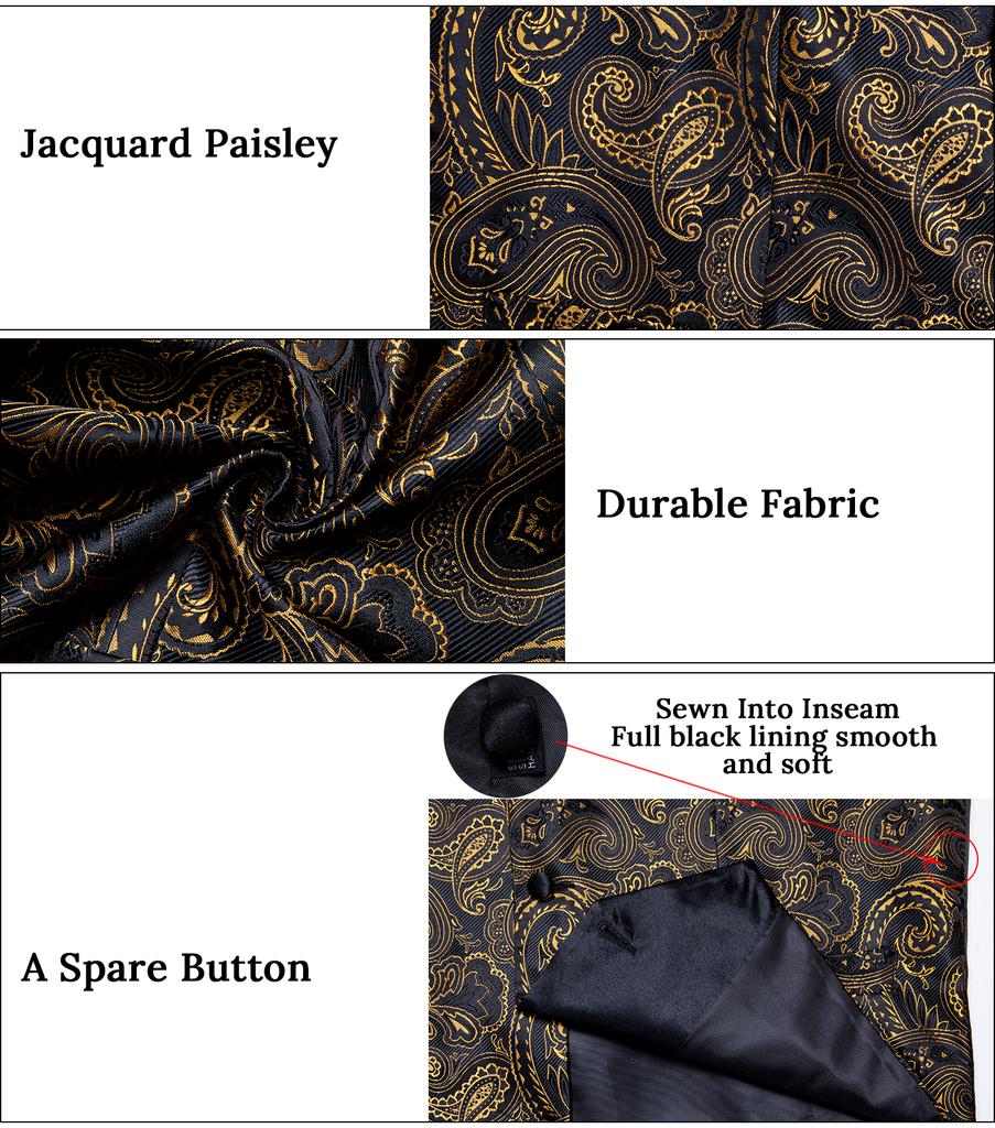 Dibangu Silk Suit Vest for Men Black Gold Jacquare Waistcoat Necktie Hanky Cufflinks 4pc