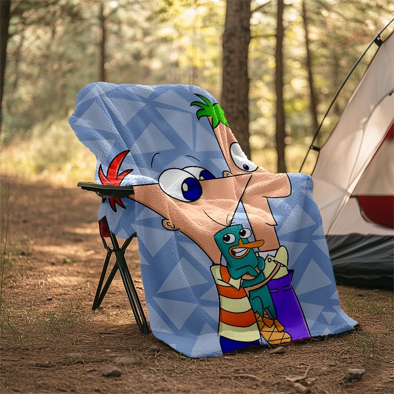 1pc Phineas and Ferb4 Theme Blanket - Digital Print, Polyester, Cozy for All Seasons, Perfect for Outdoor, and Travel