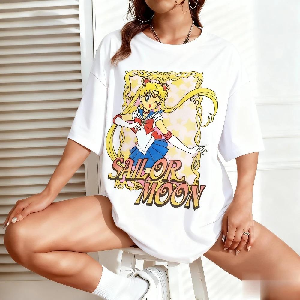Oversized White Sailor Moon T-Shirt with Framed Vintage Usagi Tsukino Graphic and Bold "Sailor Moon" Logo