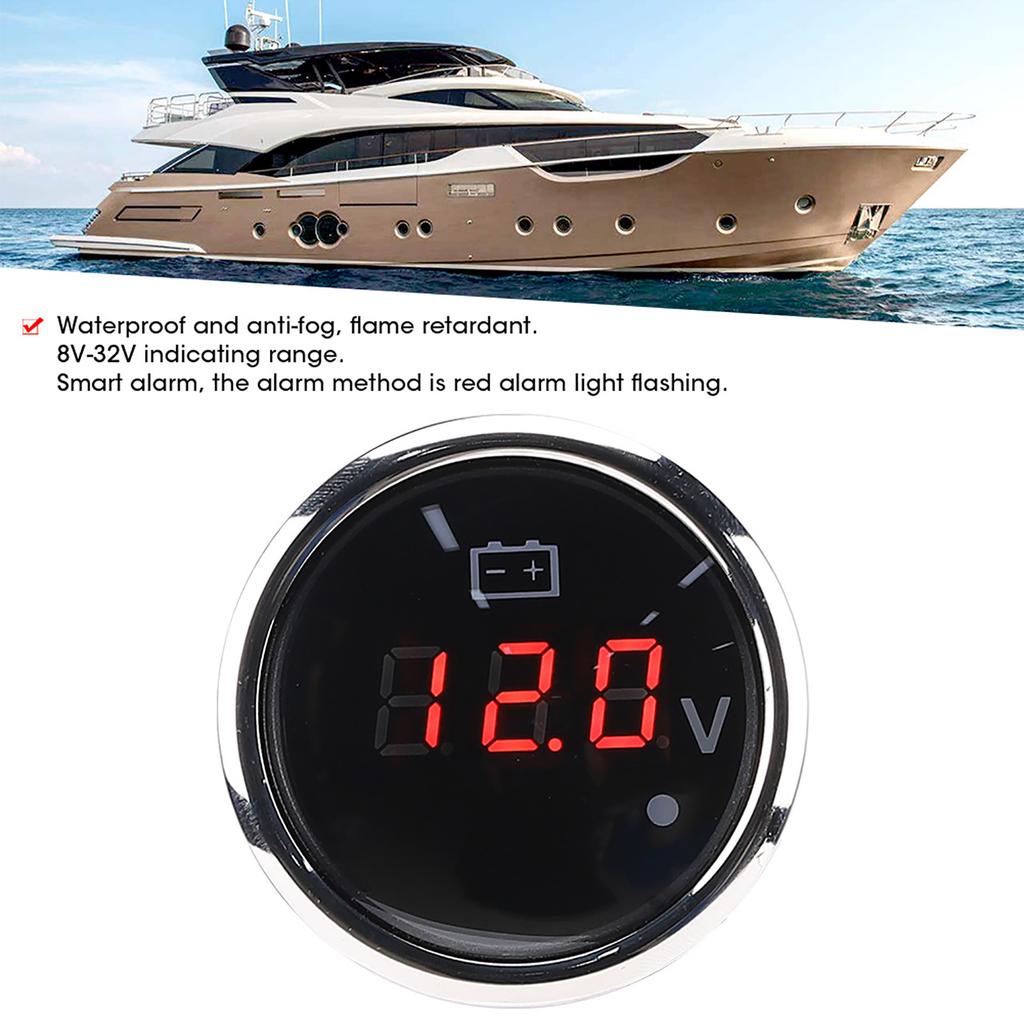 2in Battery Voltage Gauge LED Digital Display IP67 Waterproof Smart Alarm for Boat Auto