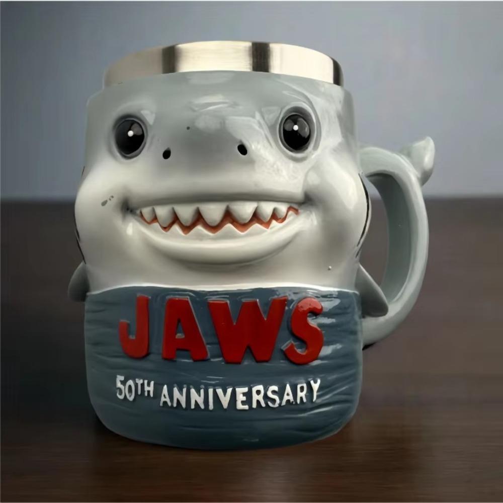 New Stainless Steel Liner Jaws 50th Anniversary Mug Creative Resin Material Ocean Theme Cup Funny 3D Design Shark Coffee Cup