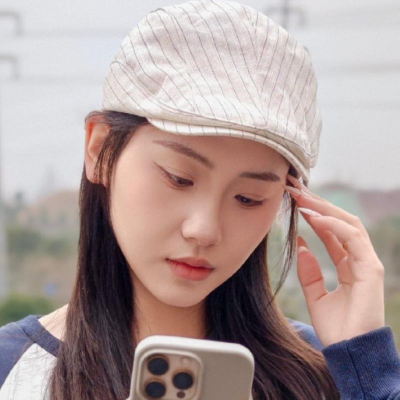 Striped Retro Forward Hat Female Vintage Spice Girl Wind Big Head Circumference Duckbill Hat British Spring Summer Beret Male