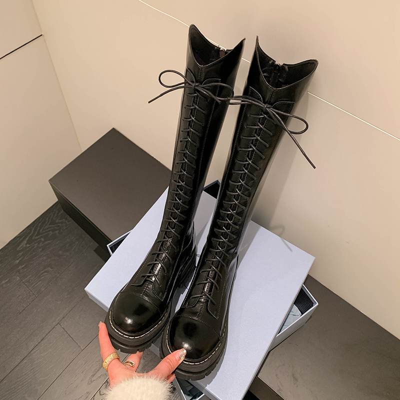 Krazing Pot Осенне-зимняя обувь из натуральной кожи, конные сапоги на среднем каблуке в европейском дизайне, женские теплые сапоги до бедра