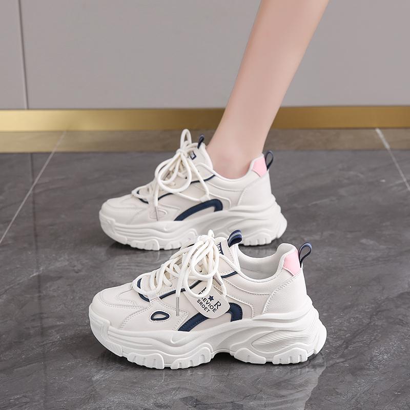 CRLAYDK Designer Chunky Sneakers for Women Platform Leather Lace Up Sport Dad White Shoes Wedge Casual Lady Walking Tennis