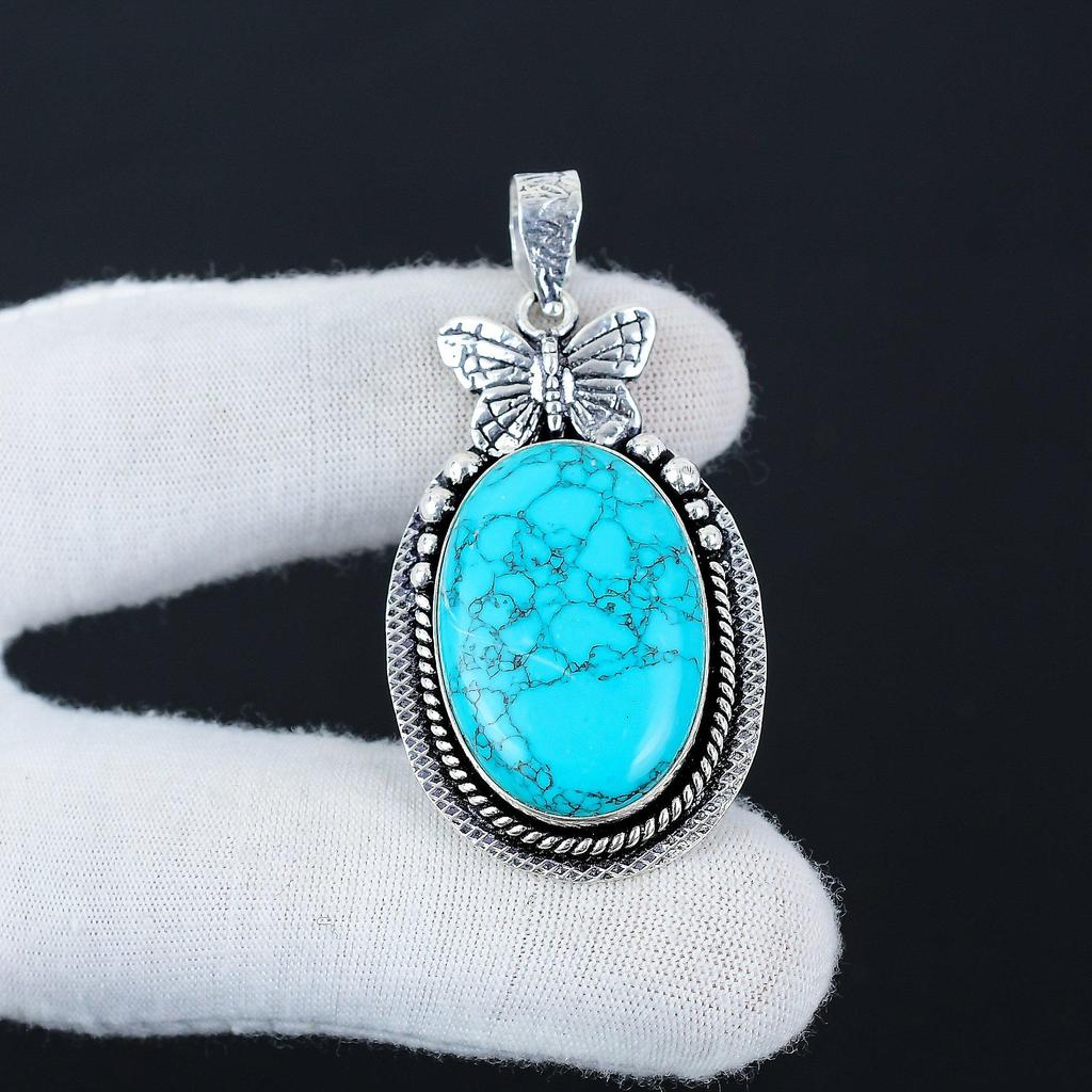Серебряный кулон с натуральным бирюзовым камнем из стерлингового серебра 925 пробы — дизайн в виде бабочки ручной работы, повседневные украшения, уникальный кулон в подарок на Пасху