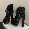 New Design Silver Chain Patent Leather Women Ankle Boots Fashion Platform Round Toe Square High Heels Zipper Shoes