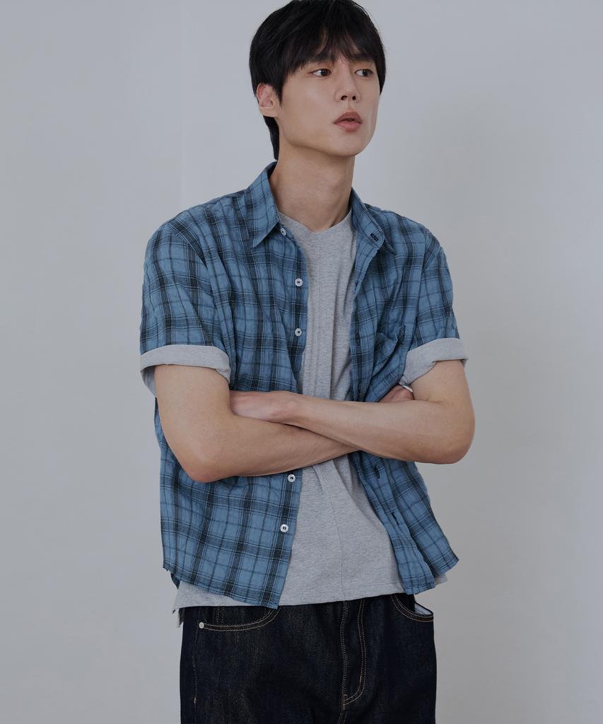 NODU Seersucker Check Crop Half Shirt [Blue]