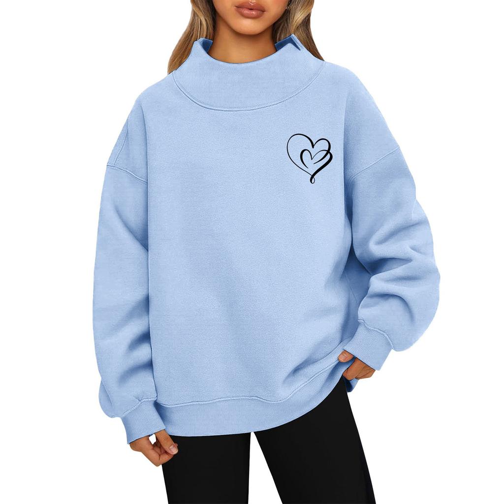 Women's Valentine's Day Print Fashion Loose High-Collar Long Sleeve Solid Color Sweatshirt Pullover
