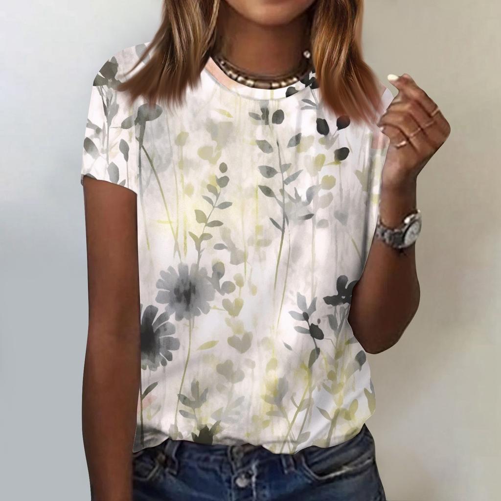 Женская модная повседневная футболка с цветочным принтом и круглым вырезом, топ с короткими рукавами