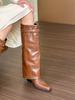 Fold Over Boots for Women Covered Wedge Heel Knee High Boots Wide Calf Pointed Toe Casual Boots Women's Slouchy Chunky Block Heel Tall Long Booties