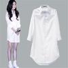 Plus Size Women Blouse Shirt Long Sleeve White Solid Loose Long Version Casual Top