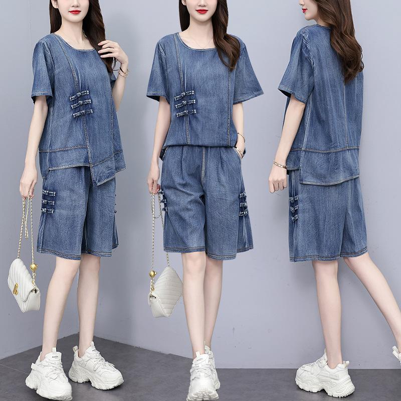 Женский модный летний костюм из выбеленной буйволиной шерсти с короткими рукавами и пятиточечными брюками, костюм из двух частей