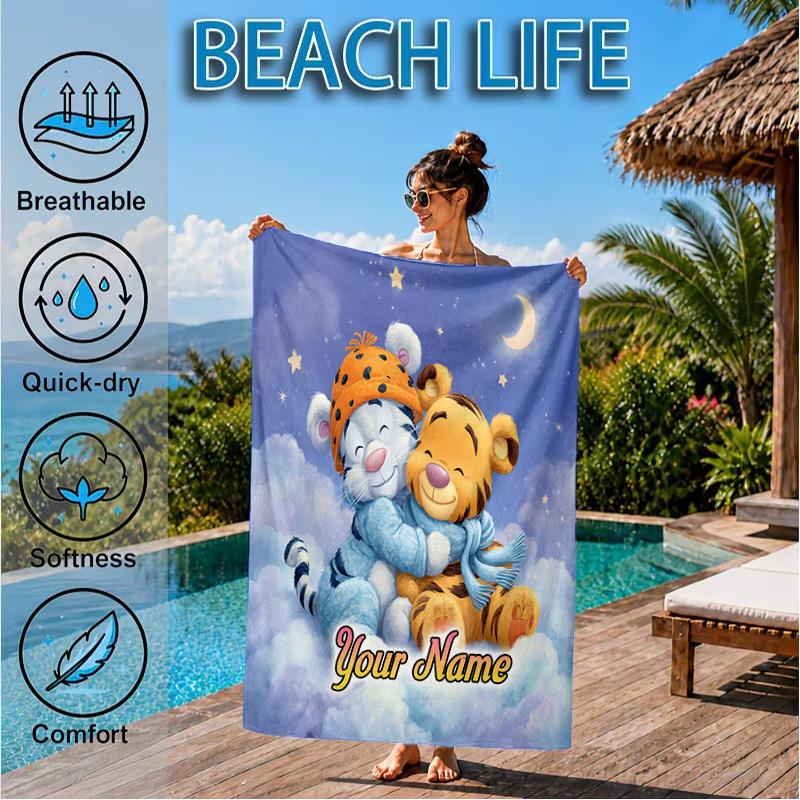 Custom Name Nightly Tiger Hugs Pooh Beach Towel Microfiber Beach Towel, Lightweight and Quick-Dry, for Summer Travel, Swimming Pool Gift