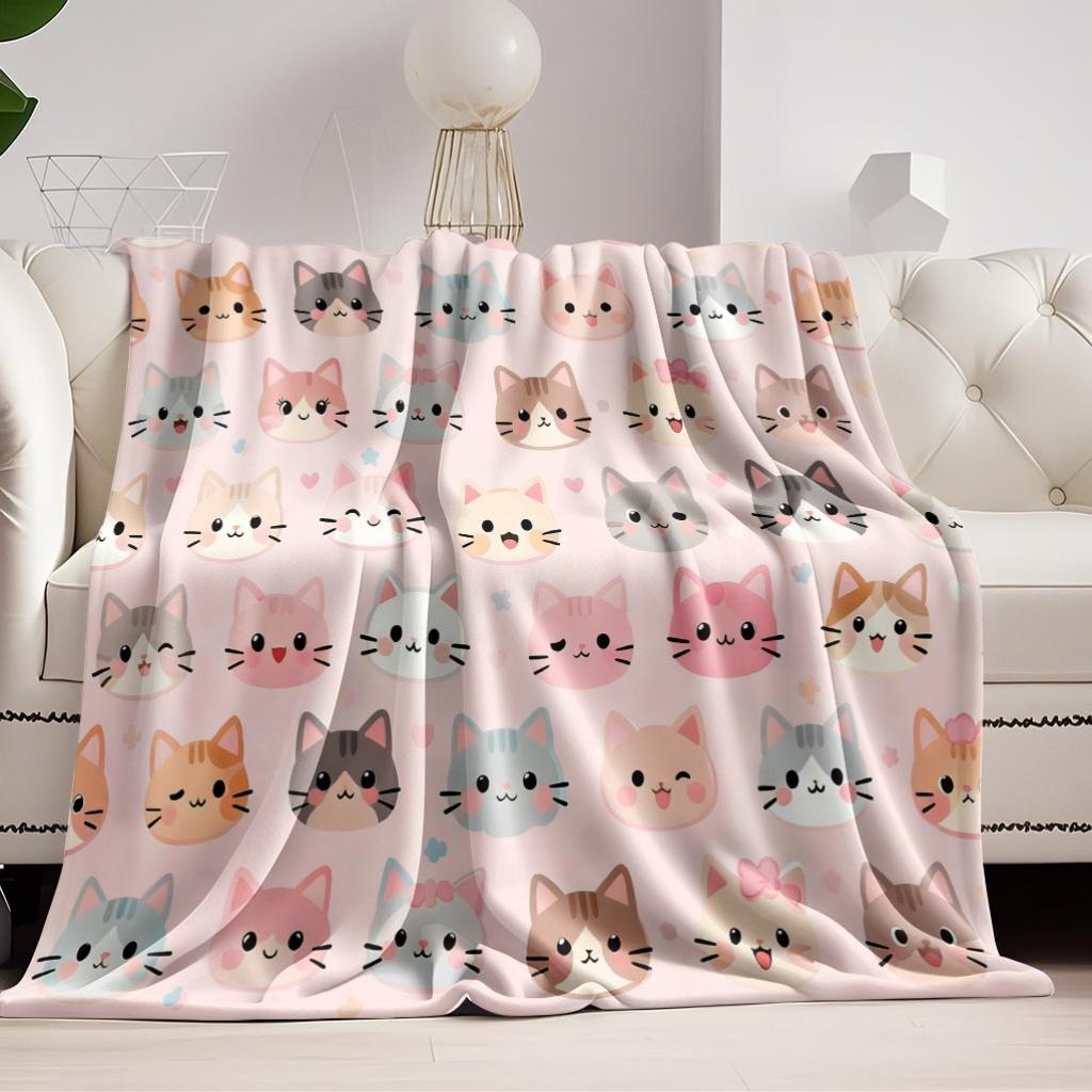 Cute Cartoon Cat Face Print Flannel Blanket Pink Kitten Soft Warm Throw Blanket Sofa Bed Kids Pet Lover Home Decor Gift