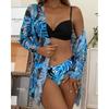 Women Floral Print Bikinis Set Sexy Three Piece Beach Cover Up Push Up Summer Long Sleeve Twist Swimwear Bathing Suit