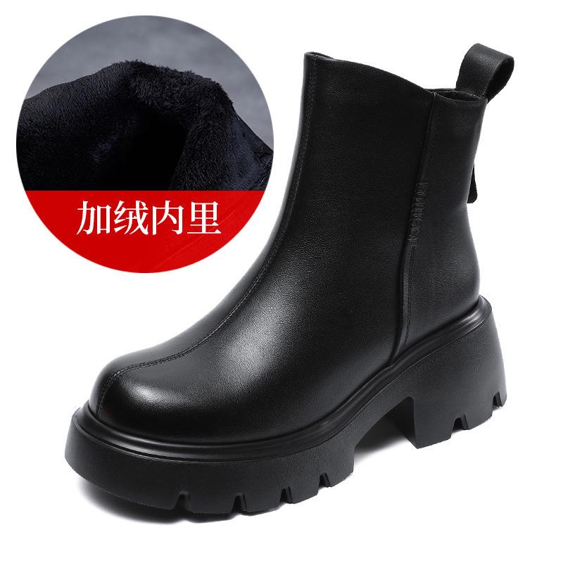 Leather Coarse Heel Platform British Martin Boots Women's 2026 Autumn and Winter New Brown Versatile Fashion Casual Fleece Boots