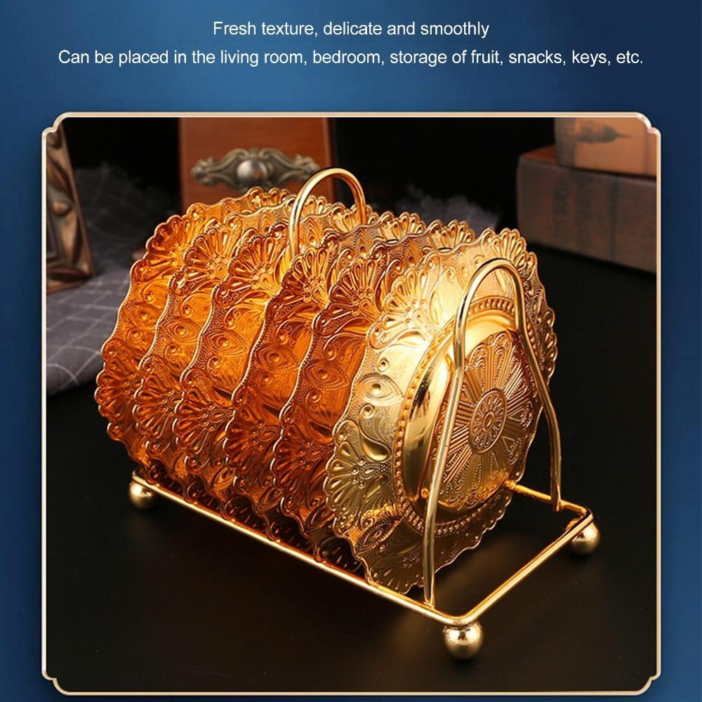 7PCS Gold Metal Coasters Set European Coasters with Holder Metal Table Coasters For Banquets