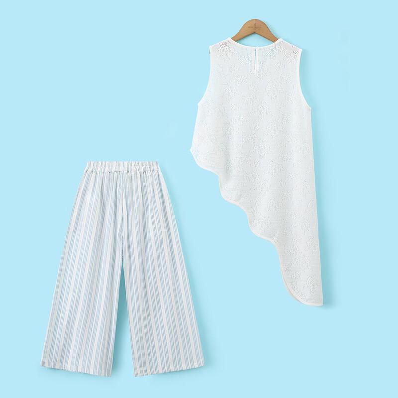 Montagut Girls' Summer Lace Stripe T-shirt & Pants Set