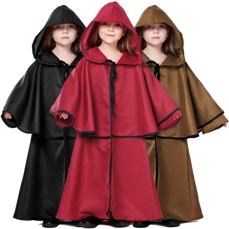 Medieval Style Hooded Cloak With Ruffled Trim Kids Halloween Costume Party Cosplay Outfit