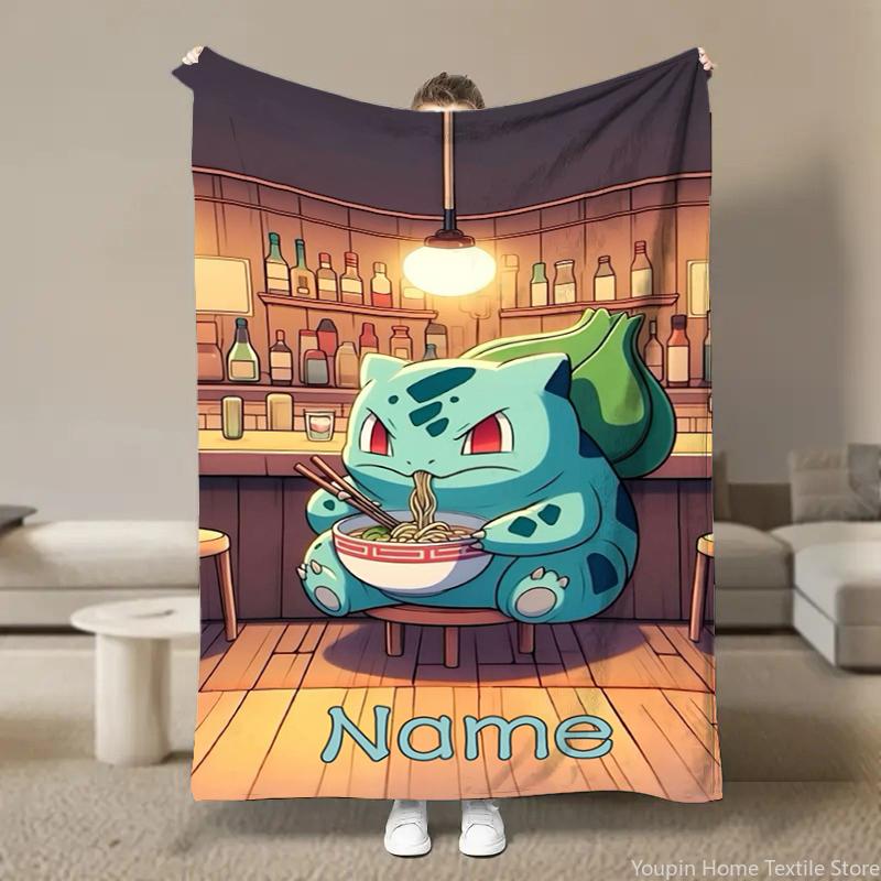 Custom Name Personalized Blanket Pokémon Bulbasaur Print Blanket Children Adult Blankets Soft Warm  Sofa Travel Blanket for Bed