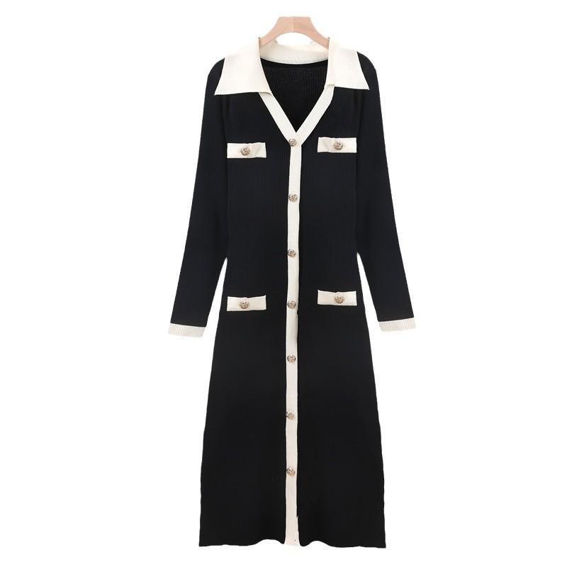 Women's Spring Long Sleeve V Neck Sweater Dress Fall Button Ribbed Knit Pleated Dresses Color Block Knit Slim Fit Elegant Dresses for Women