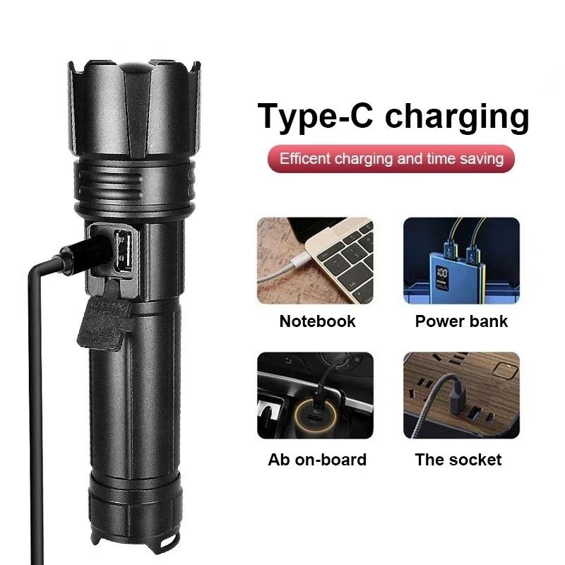 Светодиодный фонарик XHP70, телескопический зум, зарядка Type-C, многофункциональный внешний аккумулятор, тактический фонарик из алюминиевого сплава