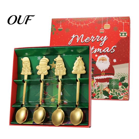 Christmas Spoons Set 4Pcs Mini Coffee Spoons, Stainless Steel Espresso with Cartoon Durable Metal Handles, Decorative Stirring for Holiday Tableware