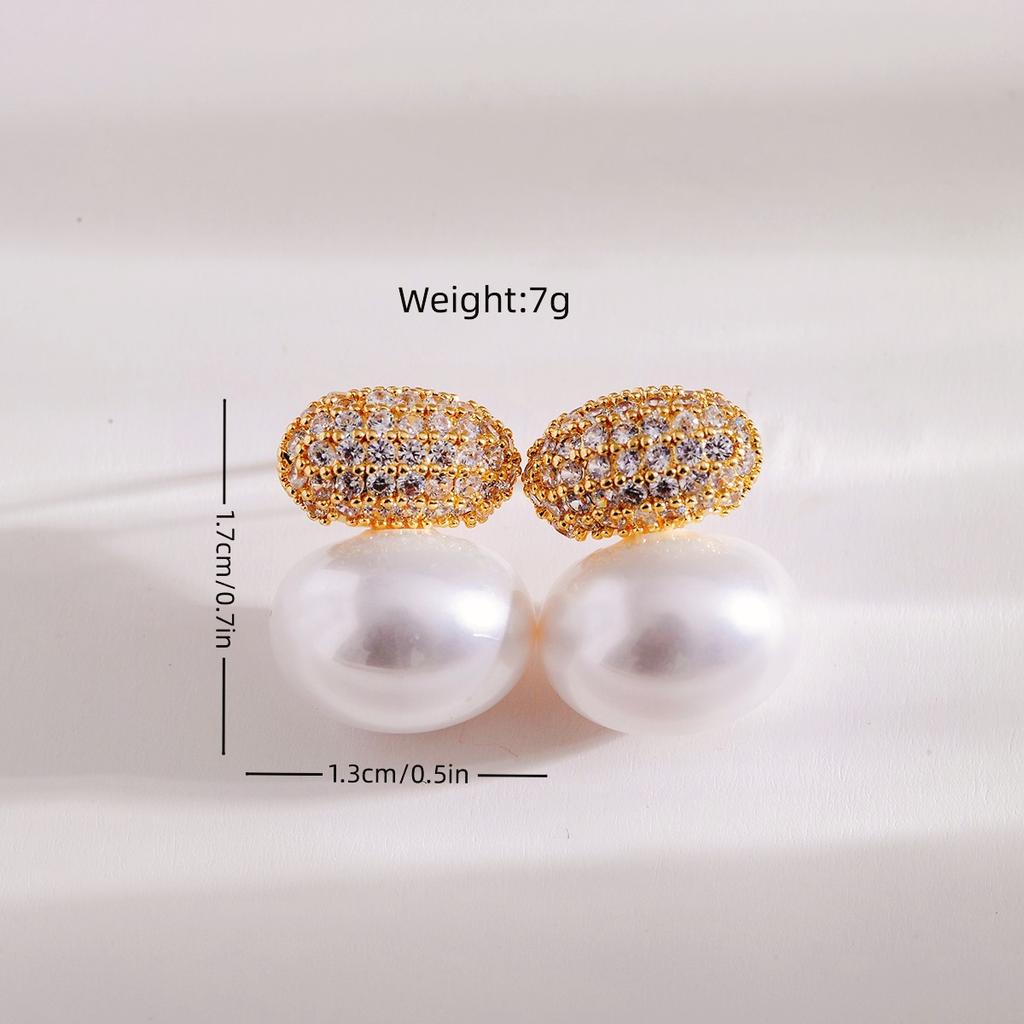 Fashion Oval Imitation Pearl Stud Earrings for Women Geometric Cubic Zirconia Elegant Bridal Earring Wedding Jewelry