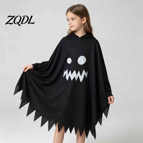 Comfortable Kindergarten Performance Clothes Hooded Ghost Costume, White/Black Cape Costume for Kids Adults, Spooky Lightweight Breathable Halloween