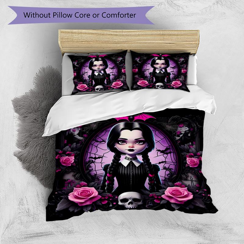 3pcs Wednesday Addams pattern bedding set duvet cover set includes duvet cover &pillowcases, perfect all season bedroom decoration & gift