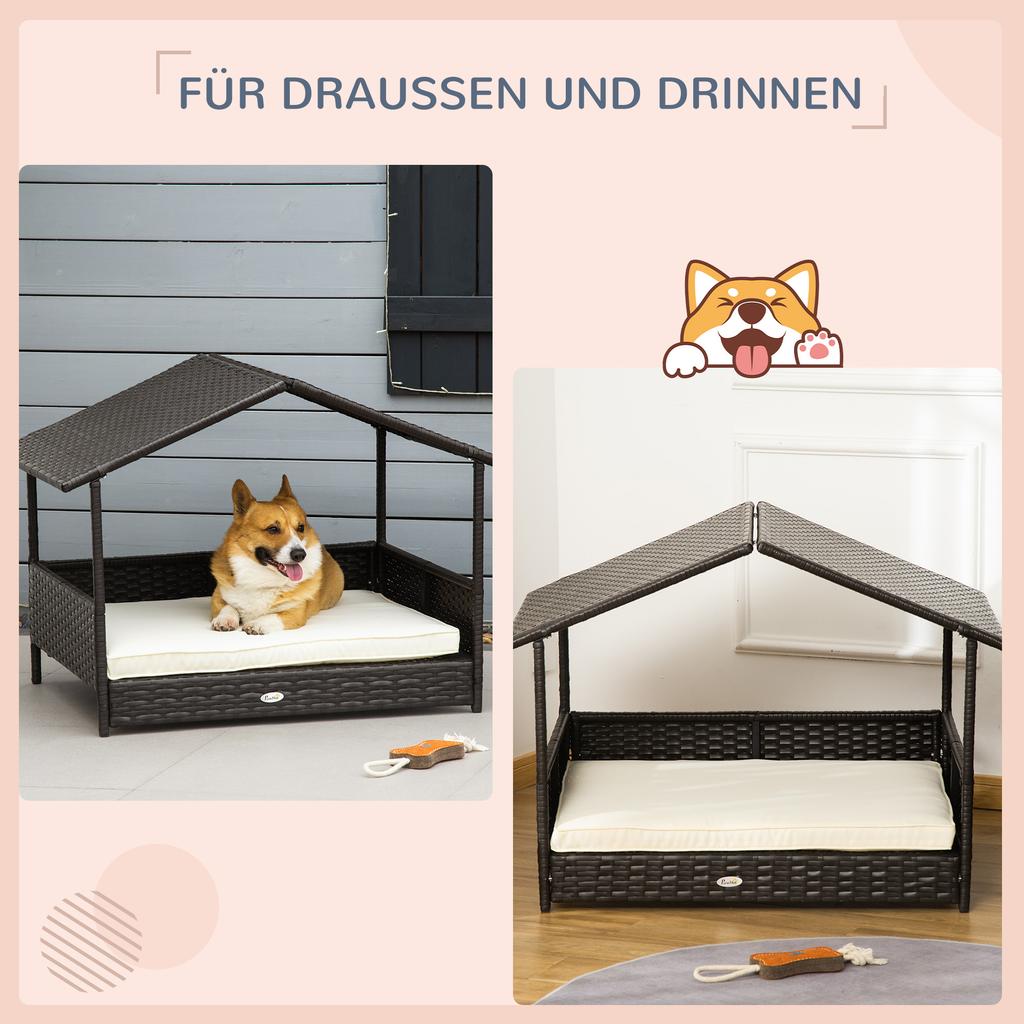 Wicker Dog Bed, Elevated Rattan Dog House with Removable Cushion and Canopy, for Small and Medium Dogs, 98 x 69 x 70cm - Cream