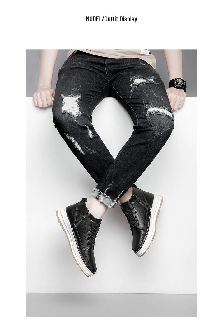 Men's Mid-Top Round Toe Lace-Up Leather Casual Shoes with Height Boost