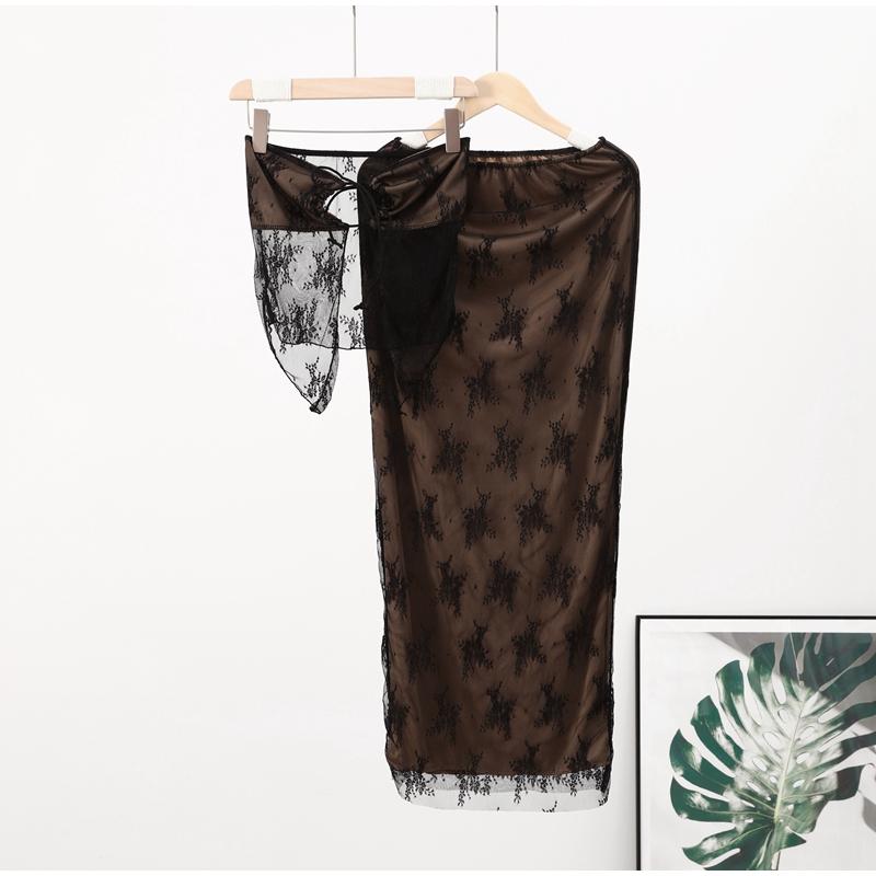 Сексуальные комплекты юбок без бретелек с кружевным принтом, женский прозрачный укороченный топ, длинная юбка, одинаковый комплект, женский костюм из двух предметов для ночного клуба