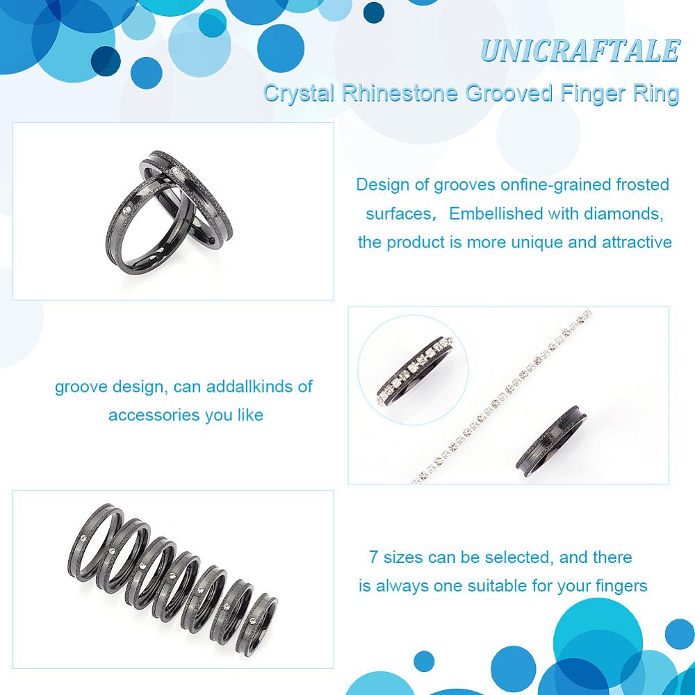 14Pcs 7 Size Crystal Rhinestone Grooved Finger Ring Textured 201 Stainless Steel Jewelry for Men Women Electrophoresis Black